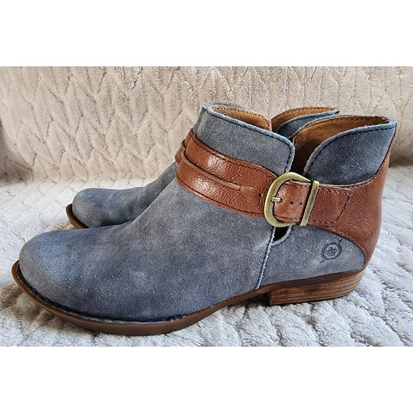 Born Shoes - Born Kerri Blue Suede Brown Leather Buckle Ankle Boots Womens 7.5M